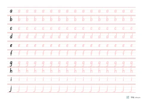 英文字母描红字帖版式示例：A4横，16列，字母，朱红